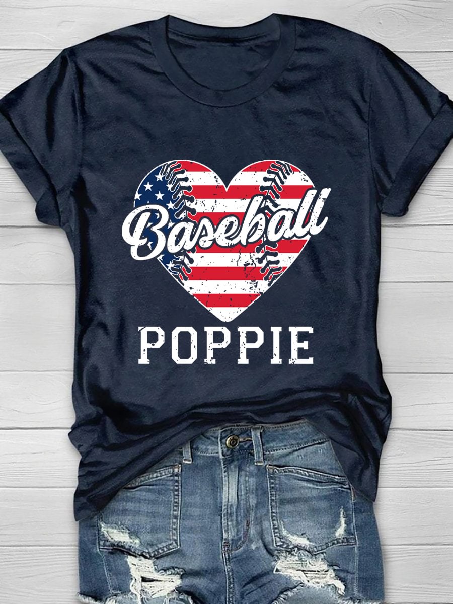 Baseball Poppie Flag Print Short Sleeve T-Shirt
