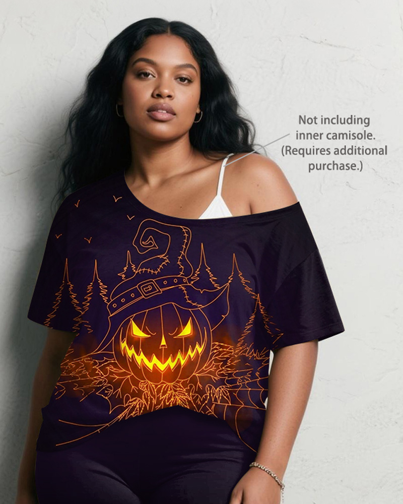 Women's Big & Tall Halloween Purple Pumpkin Graffiti Print Short Sleeve Shorts Suit