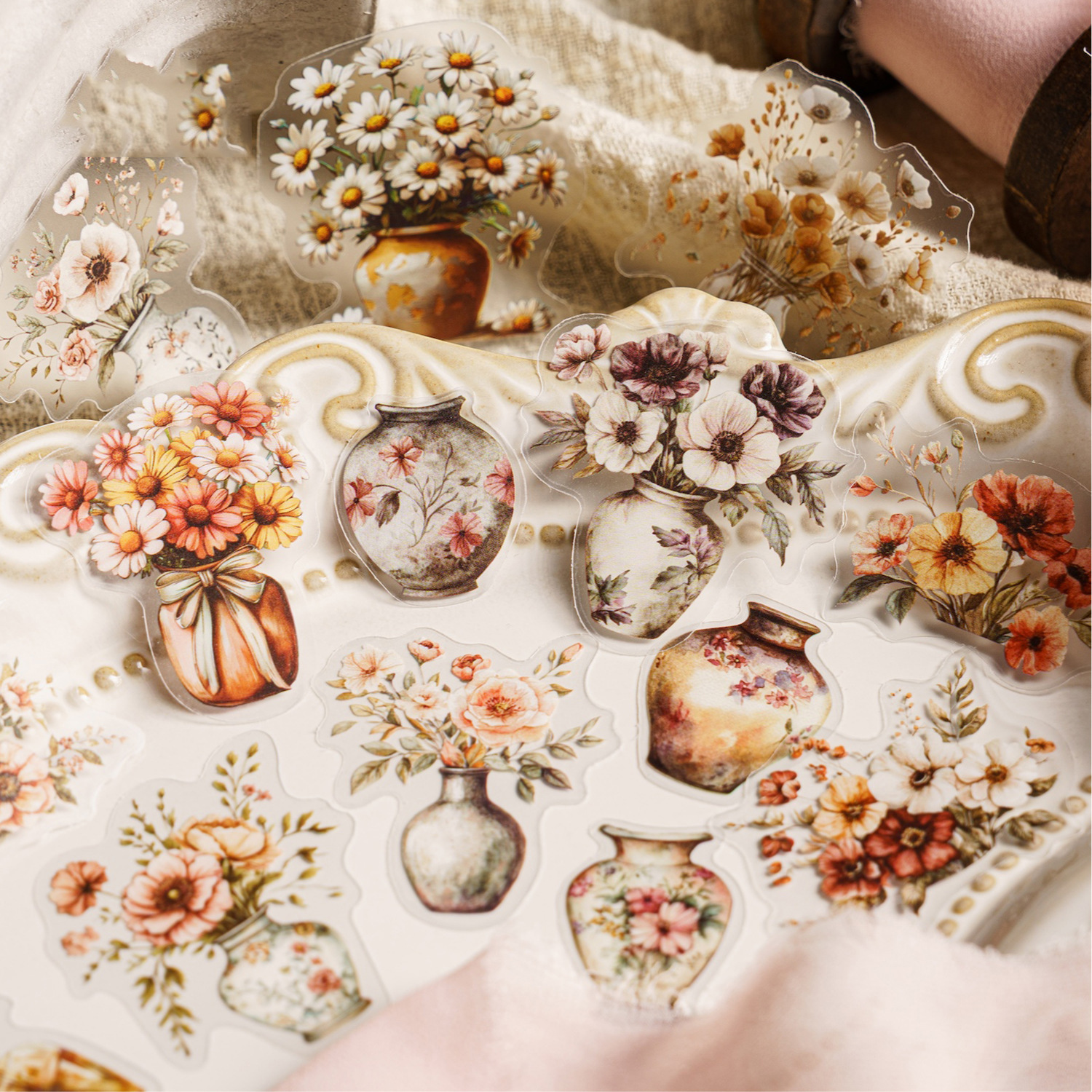 PET 스티커 - 포레스트 박스 시리즈 빈티지 홀로우 플라워 테두리 풍경