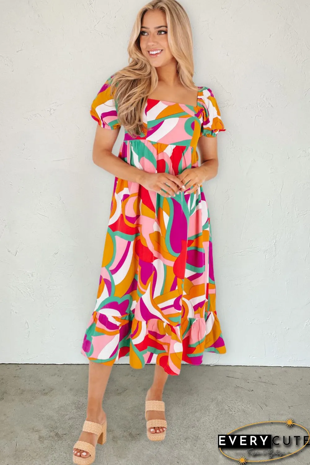 Red Abstract Print Square Neck Flowy Midi Dress