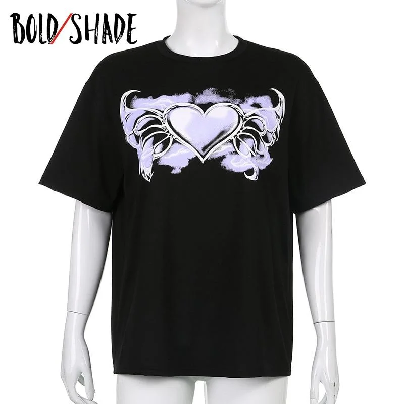 Bold Shade Grunge Streetwear Fashion T-shirts Oversized Gothic Style Heart Print Short Sleeve T Shirt Indie Style Y2K Summer