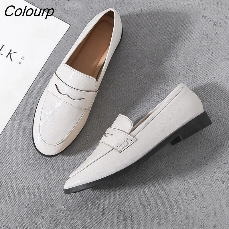 Colourp woman oxford shoes chunky heels loafers slip on brogues round toe all-match moccasins women leather derby shoes km98