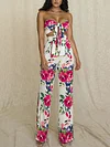 Floral Printed Lace-Up Vest Top+Wide Leg Pants Suits