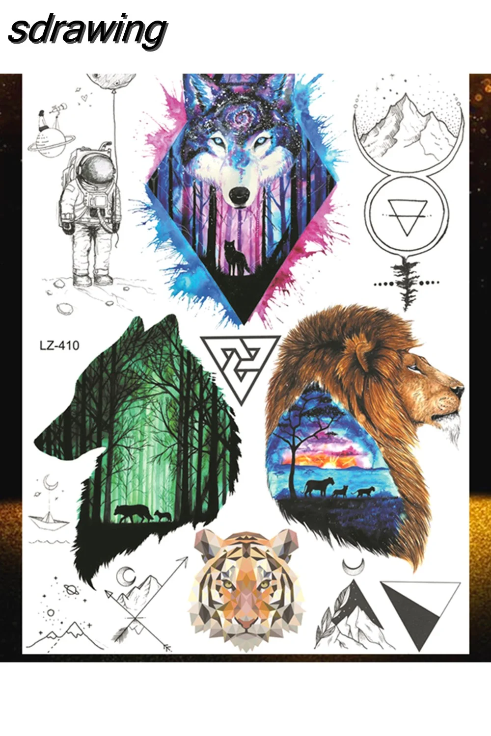 sdrawing Wolf Forest Temporary Tattoos For Children Tiger Geometric Fake Tatoos Mountain Triangle Elk Tatoo Sticker Body Art