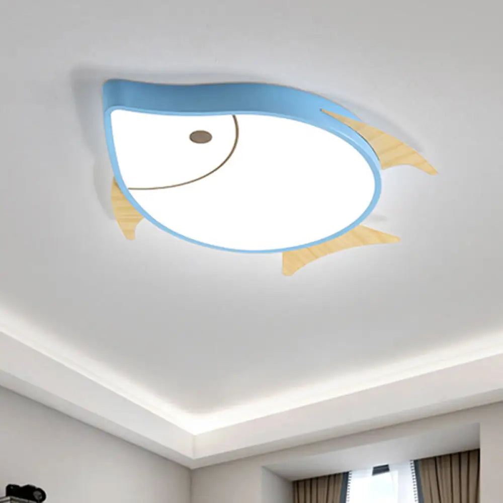 Kids&rsquo; Cartoon Fish Led Ceiling Lamp In White/Pink/Blue With Wood Accents Blue