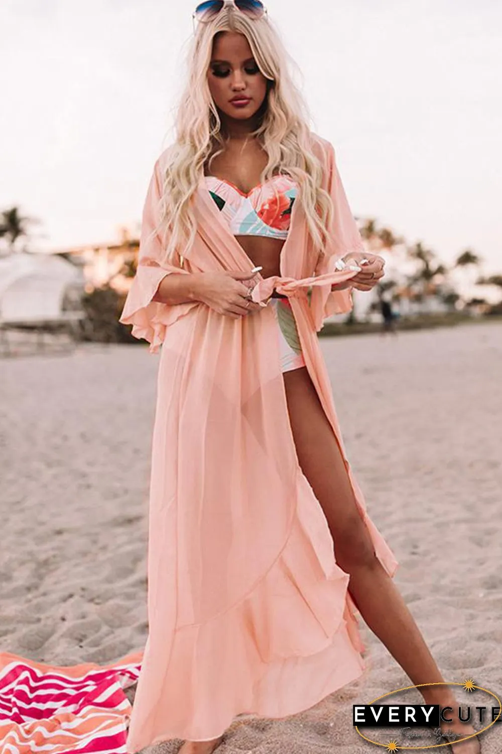 Pink Ruffle Half Sleeve Tie Front Flowy Beach Cover Up