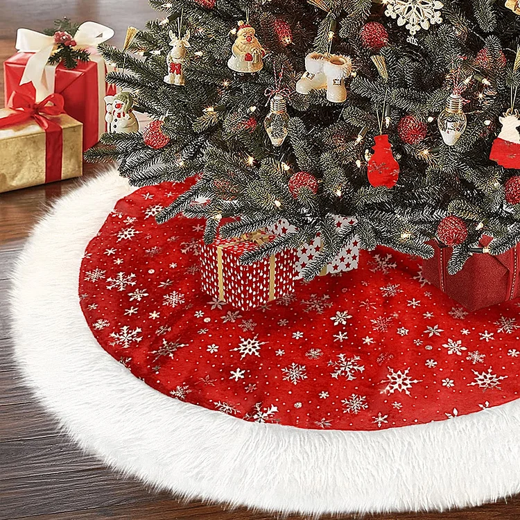 SANMADROLA Christmas Tree Skirt,36 inch Red Merry Christmas Tree Skirt with Gold Snowflake Faux Fur Christmas Decorations,Xmas Tree Base Mat for Indoor Outdoor Holiday New Year Party Home Decorations