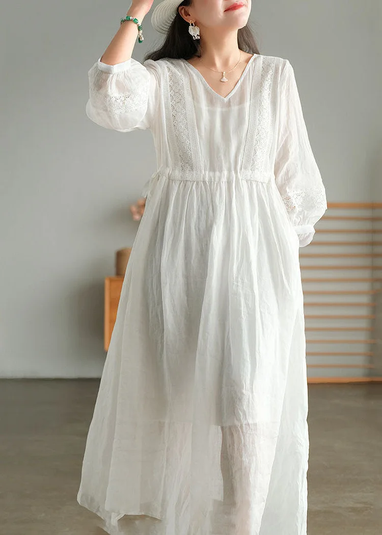 Plus Size White Wrinkled Embroideried Patchwork Linen Holiday Dress lantern sleeve