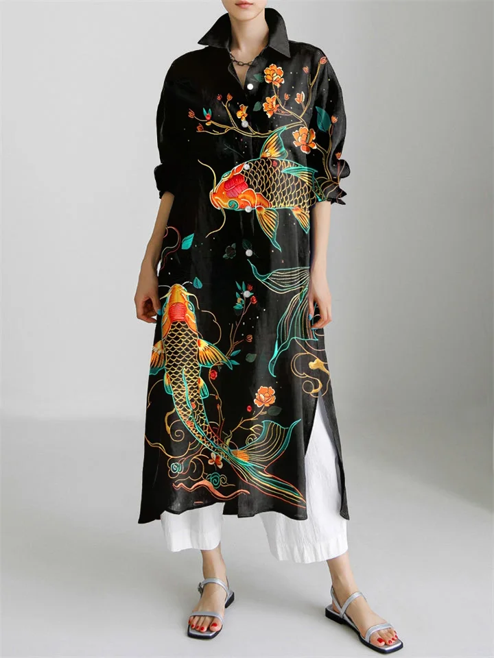 Japanese Art Flower Koi Fish Print Long Sleeve Slit Shirt Dress