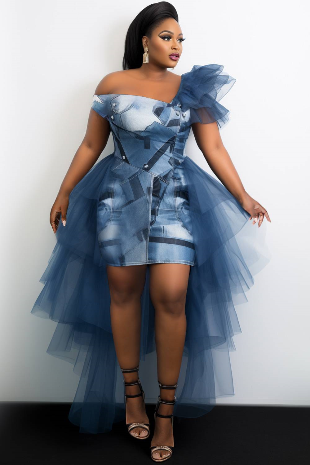 Xpluswear Design Plus Size Cocktail Party Blue Elegant Denim Print Asymmetrical Collar Flutter Sleeve With Skirt Overlay High Low Hem Tulle Mini Dresses [Pre-Order]