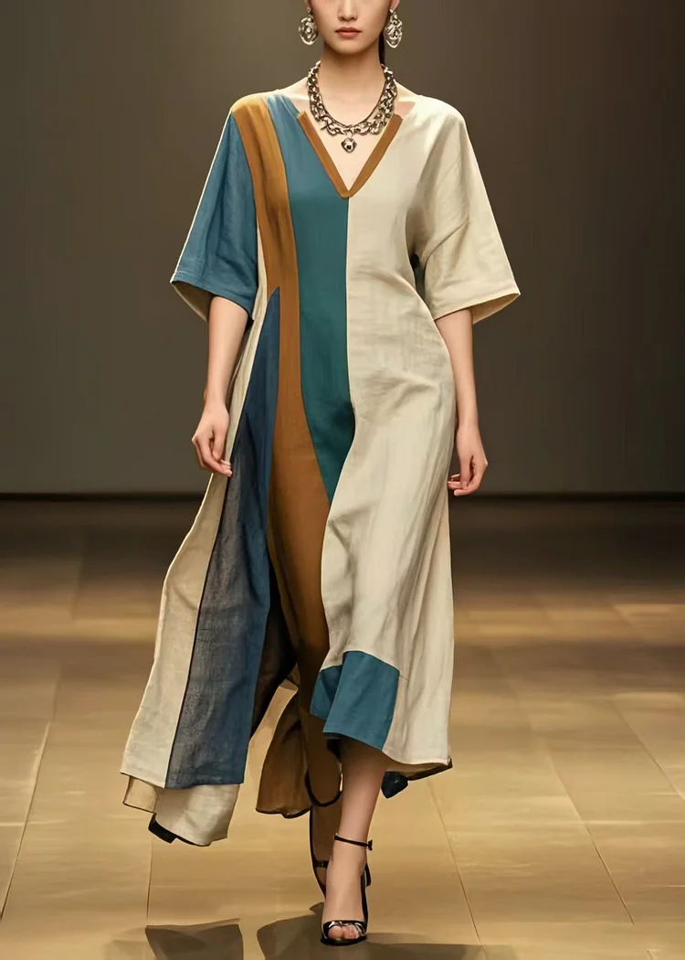 Unique Multicolour Asymmetrical Patchwork Cotton Robe Dresses Summer