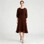 Real Silk Life | Brown Silk Midi Dress | Sheer Sleeve Office Style