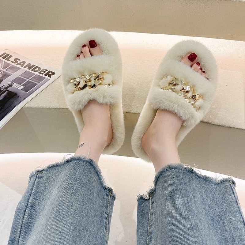 Net red hairy slippers female 2021 new lazy outer wear fairy style with thick bottom open toe autumn and winter slippers