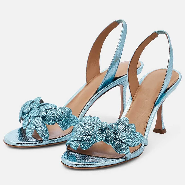 FSJ Blue Metallic Prom Heels Flower Slingback Rhinestone Sandals |FSJ Shoes