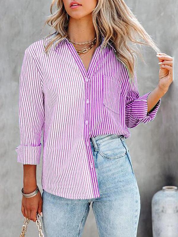 Women Long Sleeve V-Neck Striped Top