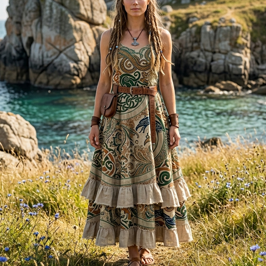 Cotton Linen Viking-Inspired Boho Maxi Dress with Nordic Symbols and Fringed Hem