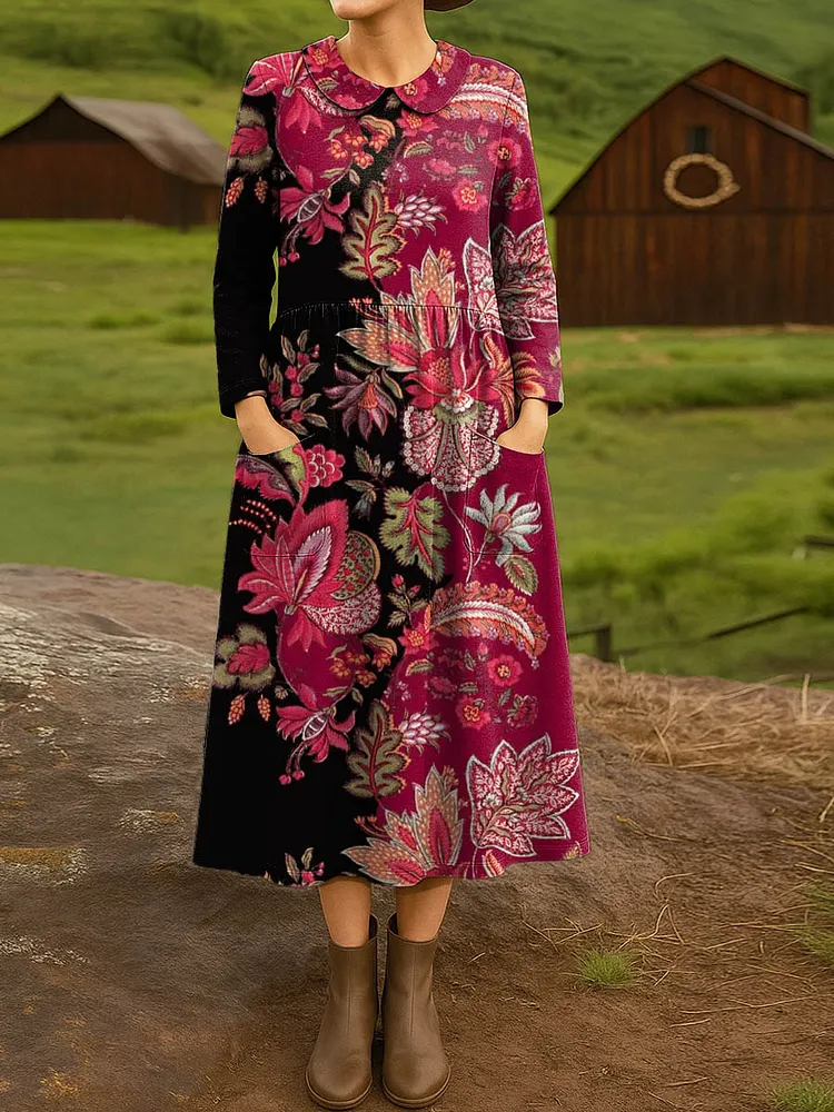 Women's Vintage Floral Art Print Cotton Lapel Shirt Dress