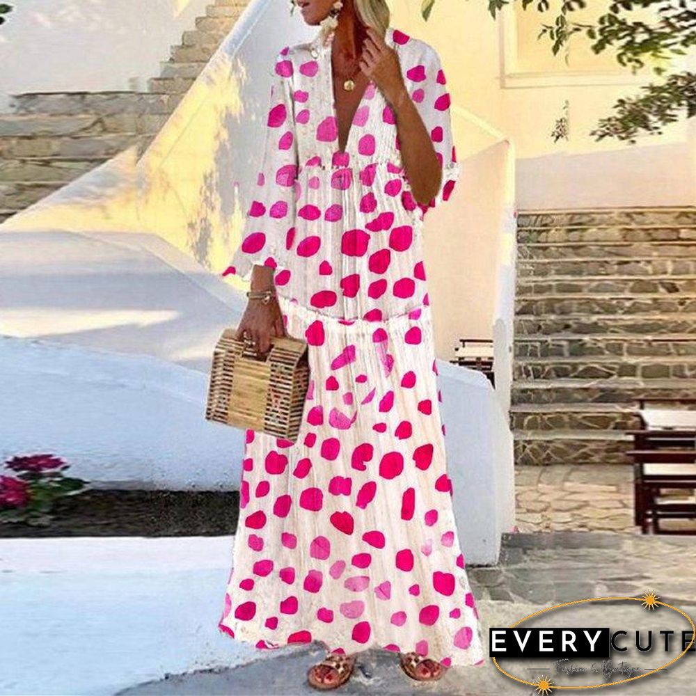 Long Pattern V-Necked Mandarin Sleeve Dress