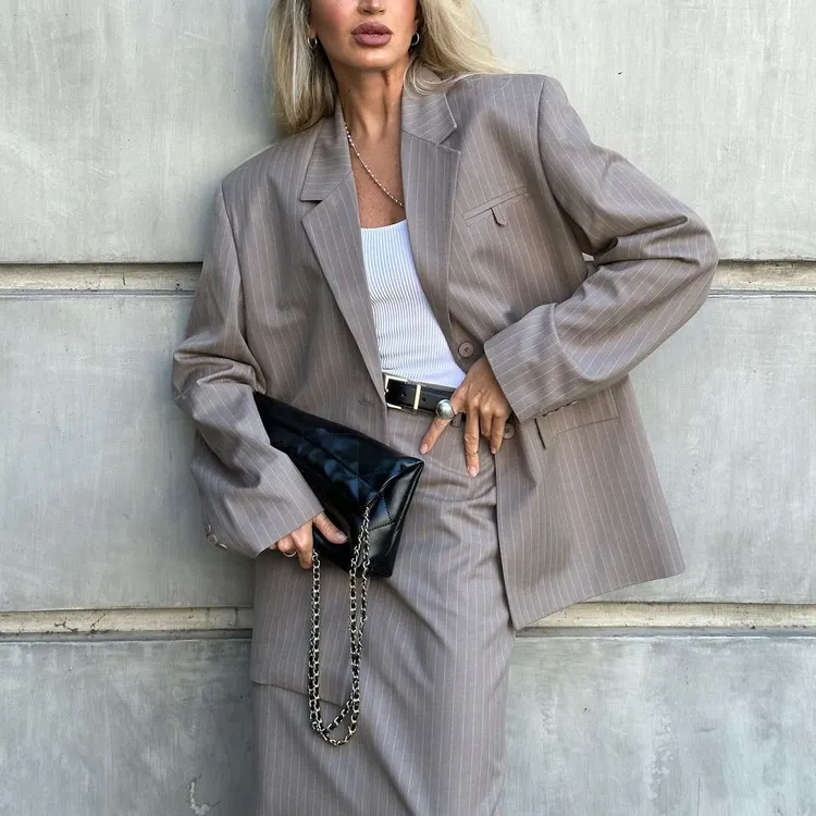 Churchf Churchf Spring And Autumn New Suit Fashion High-End Women's Clothing After The Slit Skirt Striped Suit Two Sets