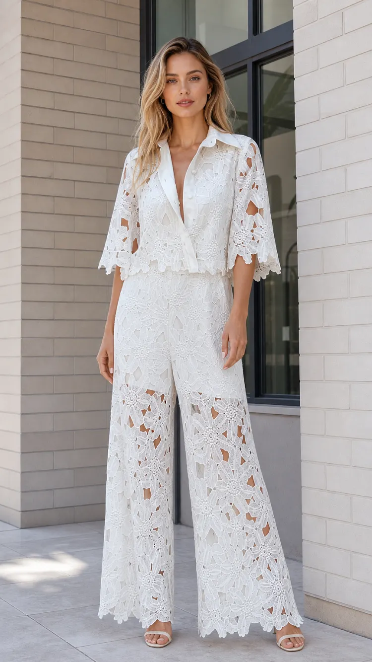 Floral Cutout Lace Collared Top and Wide-Leg Pants Two-Piece Set