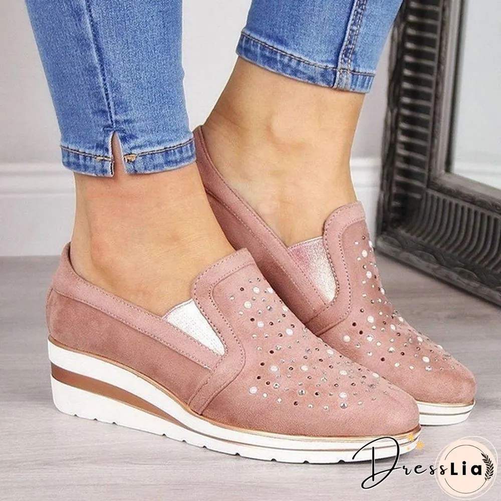 Women Casual Thick Sole Single Shoes Rhinestones Sandals Breathable Wedge Shoes