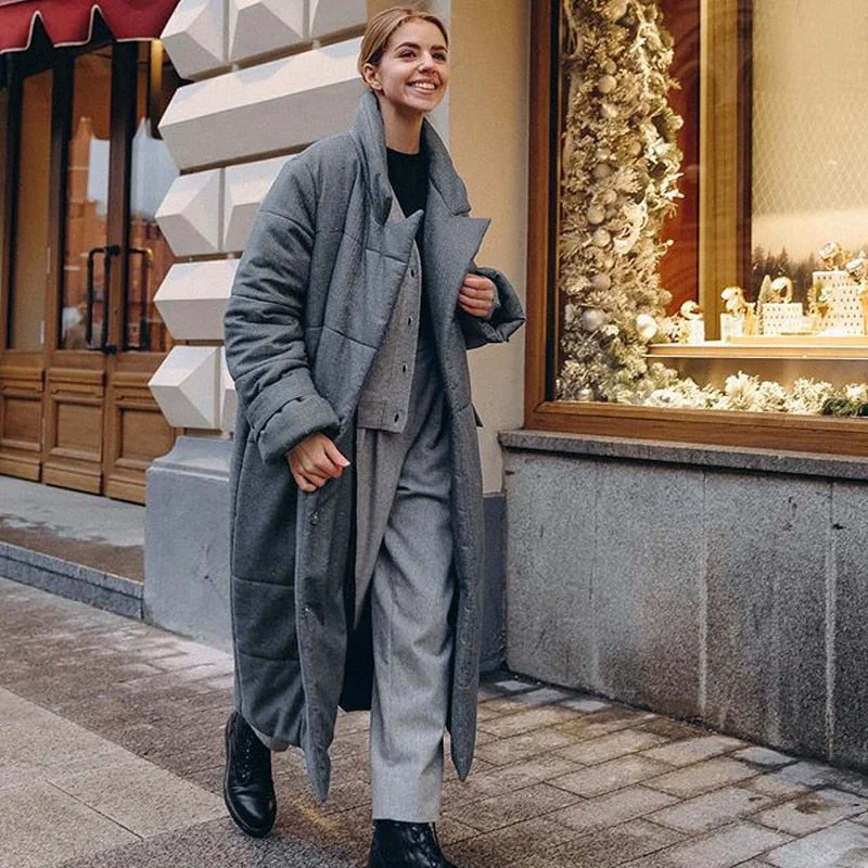 Long Parkas Women Fashion Winter New Tie Belt Coats Women Elegant Solid Covered Button Cotton Jackets Female Ladies