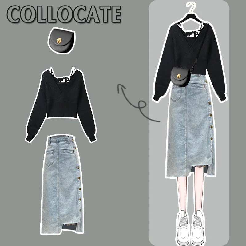 Vintage Chic Clothing Black Top and Blue Jeans Skirt 2 pcs Set SS2155