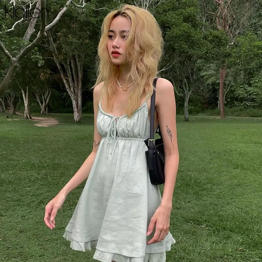 KLALIEN Summer Sexy V Neck Backless Solid A-Line Dress Women New Simple Casual Beach Vacation Club Party Female Mini Dresses