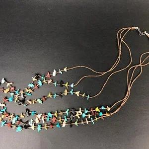 pornhint Pornhint Vintage 1950s Handmade Zuni Fetish 3 Strand Turquoise, Shell and Natural Stone Heishe Hand-Carved Necklace. 29"