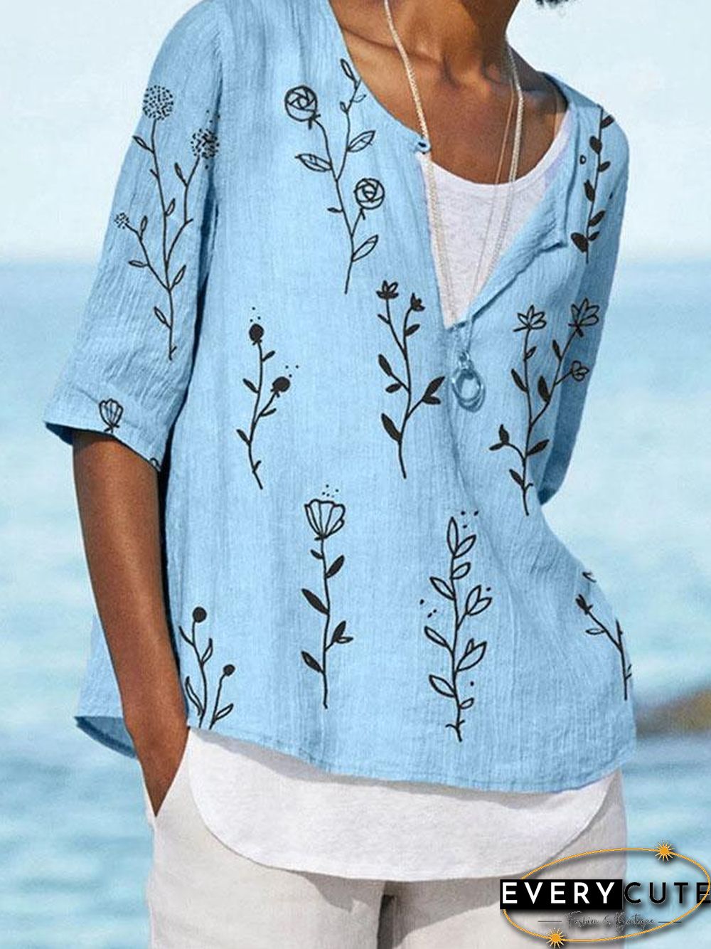 Light V Neck Floral Printed Half Sleeve Shirt