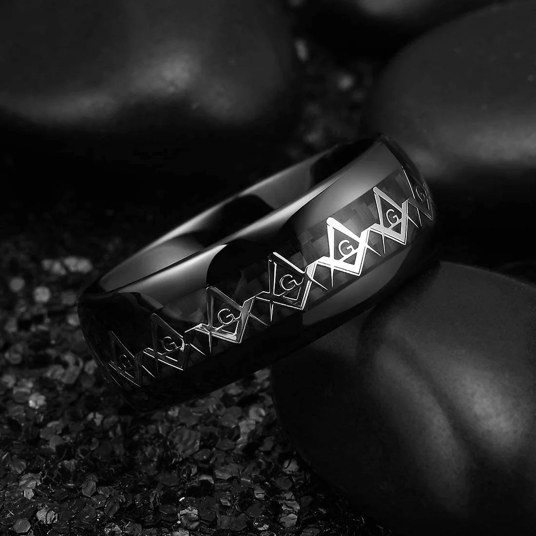 8MM Women's Or Men's Classic Black Tungsten Carbide Rings Masonic Compass Black Carbon Fiber Inlay Comfort