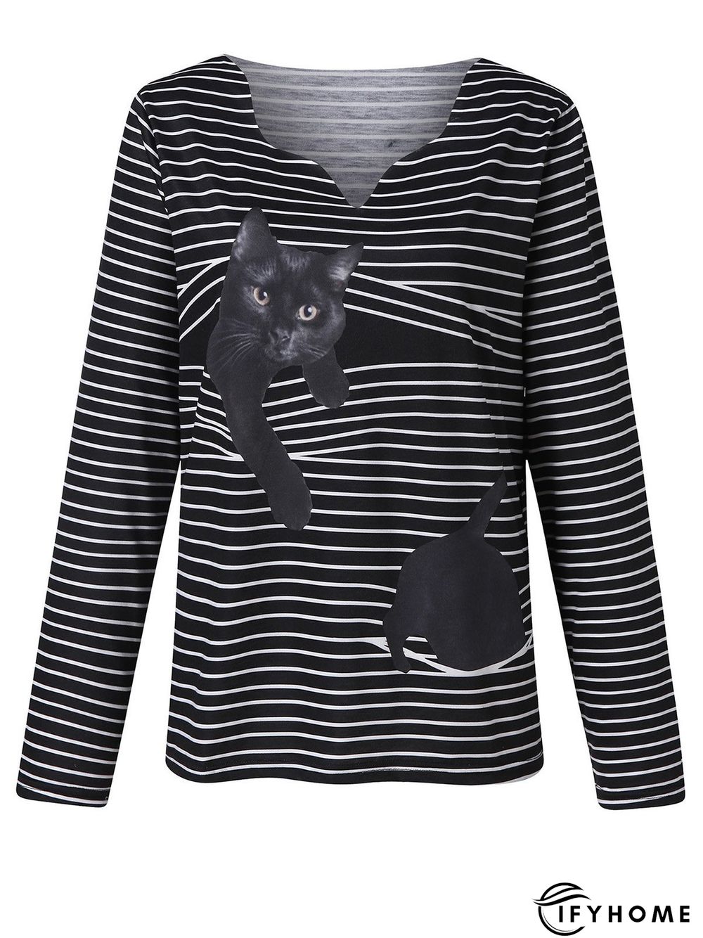 Animal Print Stripe Casual V-neck Long Sleeve T-shirt | IFYHOME