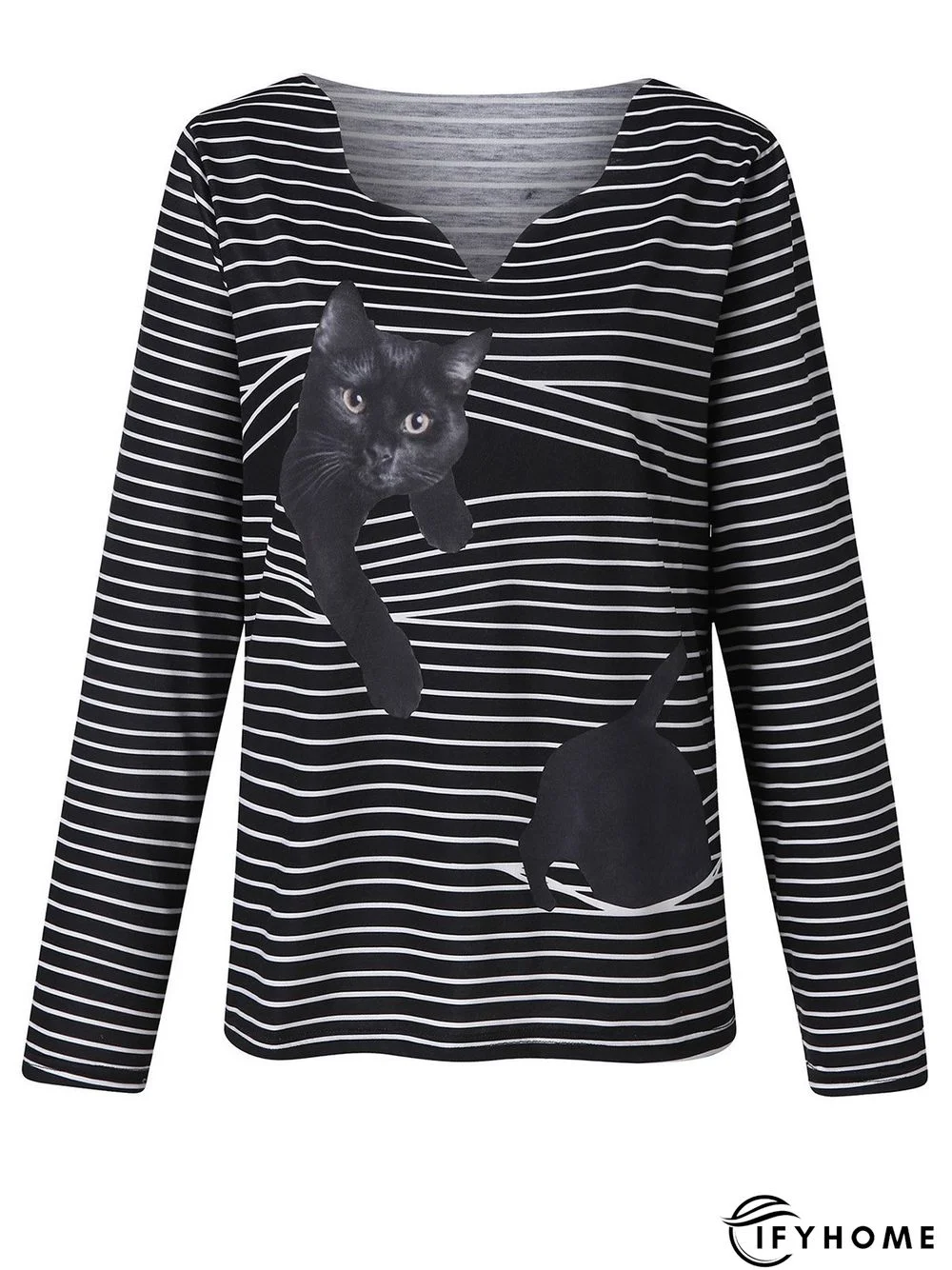 Animal Print Stripe Casual V-neck Long Sleeve T-shirt | IFYHOME