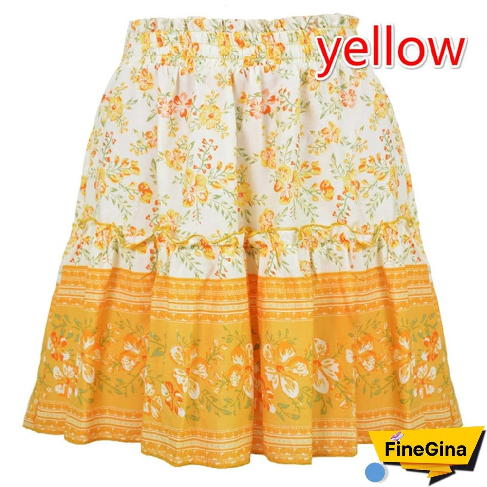 Women Fashion Casual Floral Short Skirts Summer High Waist Pleated Beach Skirt Beho Ruffle Dresses