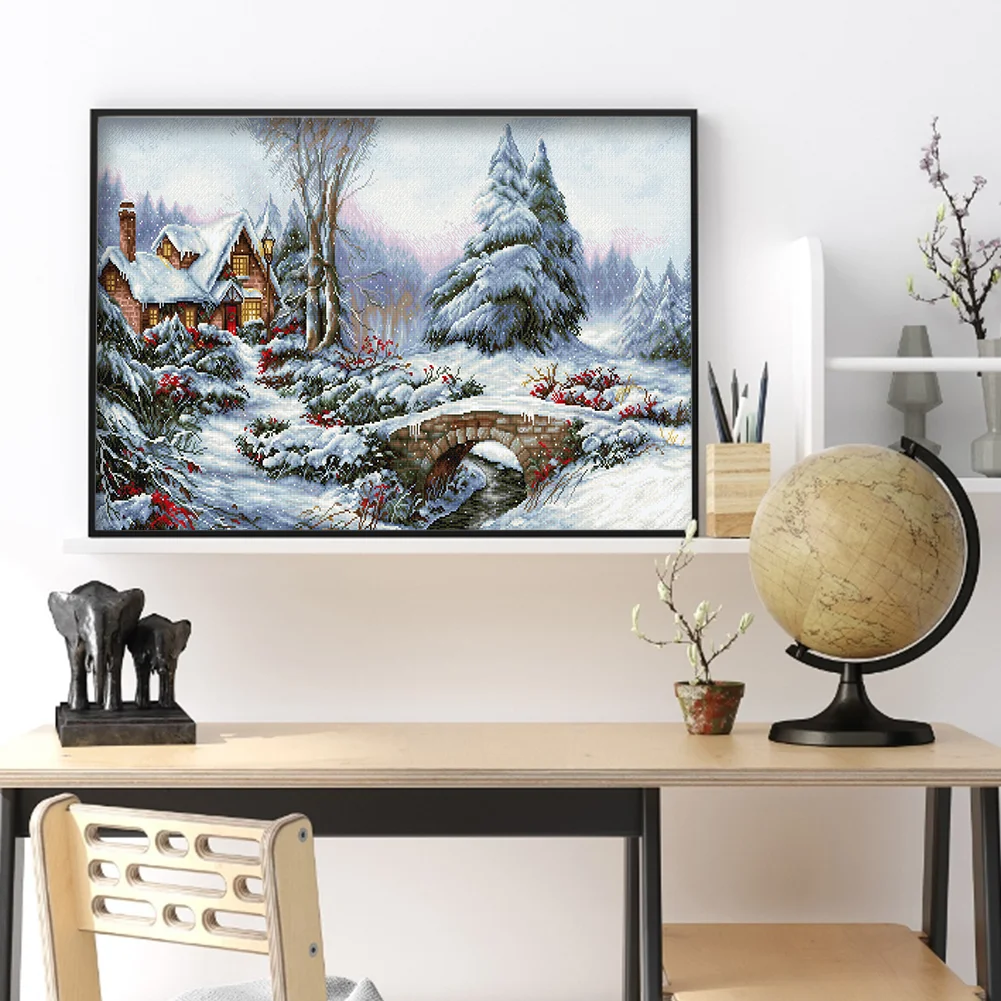 14CT Full Stamped Cross Stitch - Snow Scene(Canvas|30*50CM)