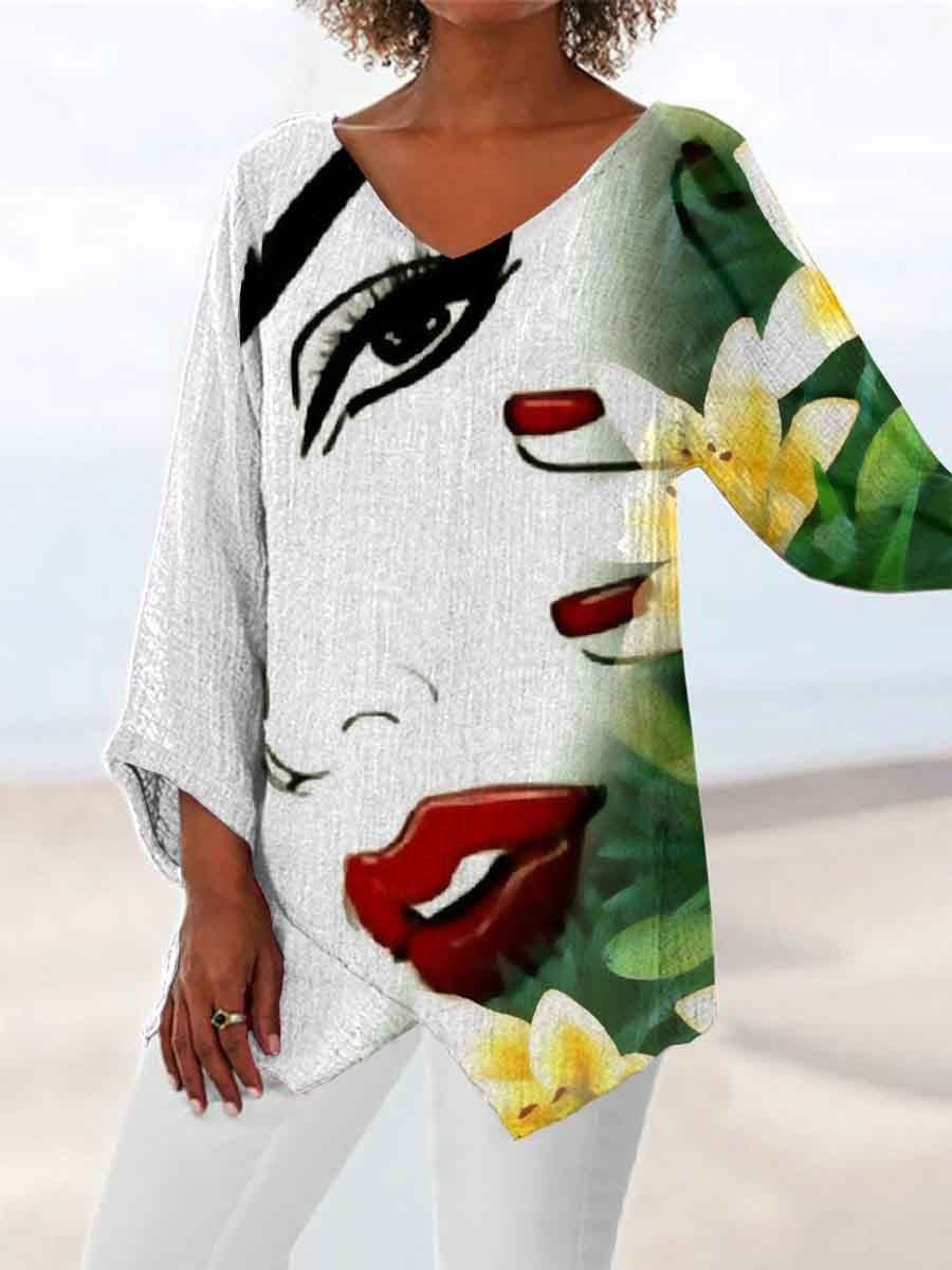 Women Long Sleeve V-neck Graphic Floral Printed Top
