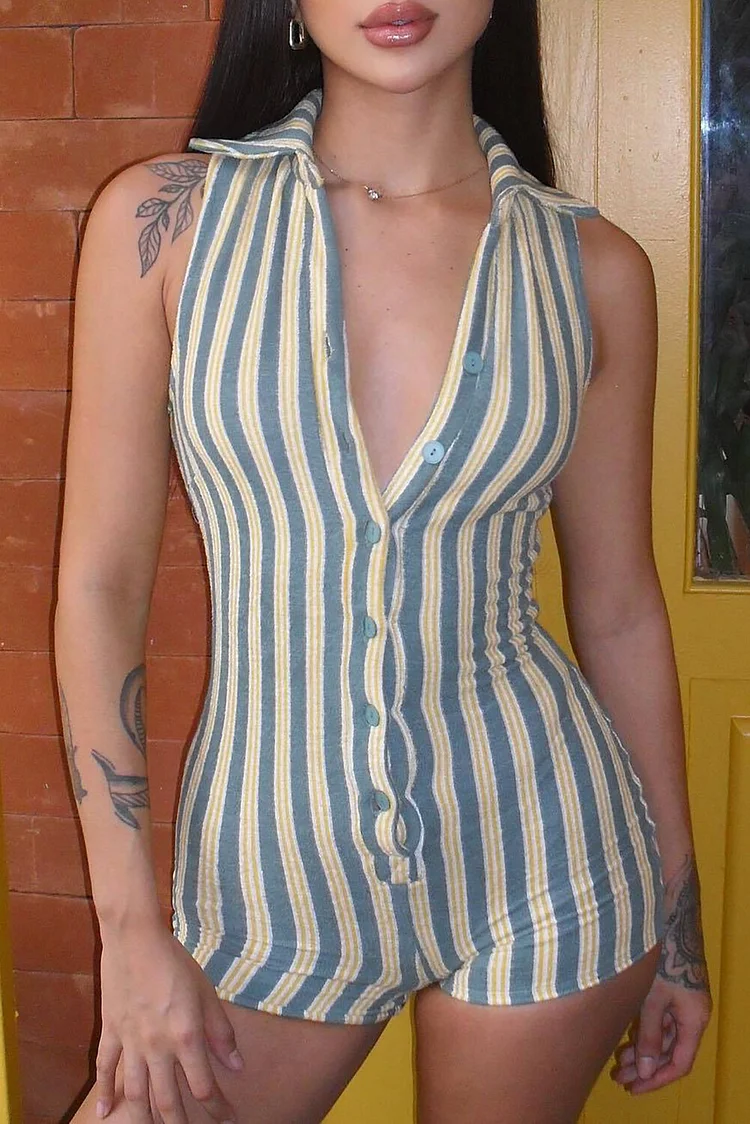 Striped Print Button Up Turndown Collar Sleeveless Playsuit Romper-Blue