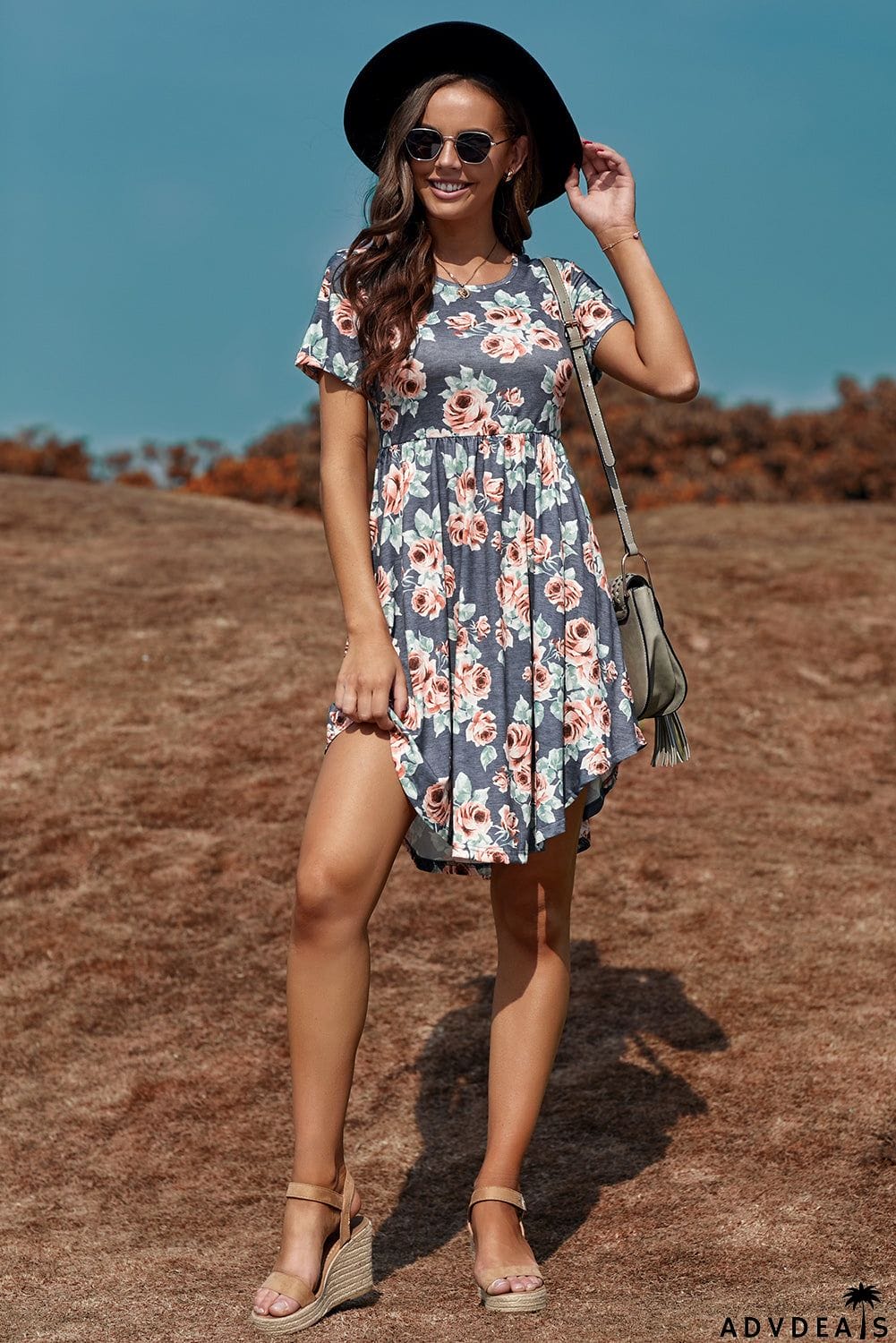 Floral Print Short Sleeve Pleated Mini Dress