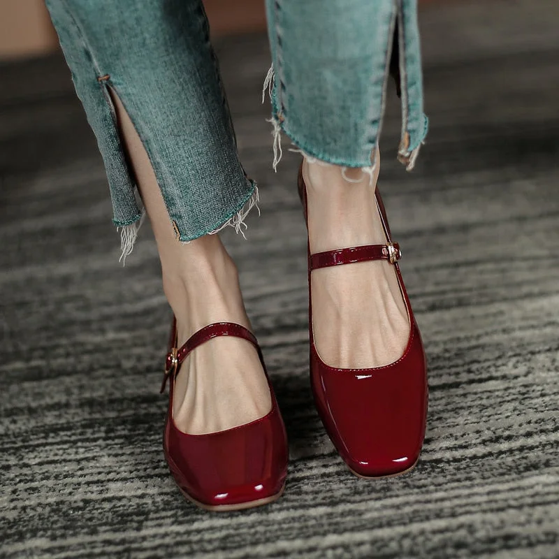 Spring Autumn Women Mary Janes Shoes Patent Leather Low Heels Dress Shoes Square Toe Shallow Buckle Strap Girls Shoes