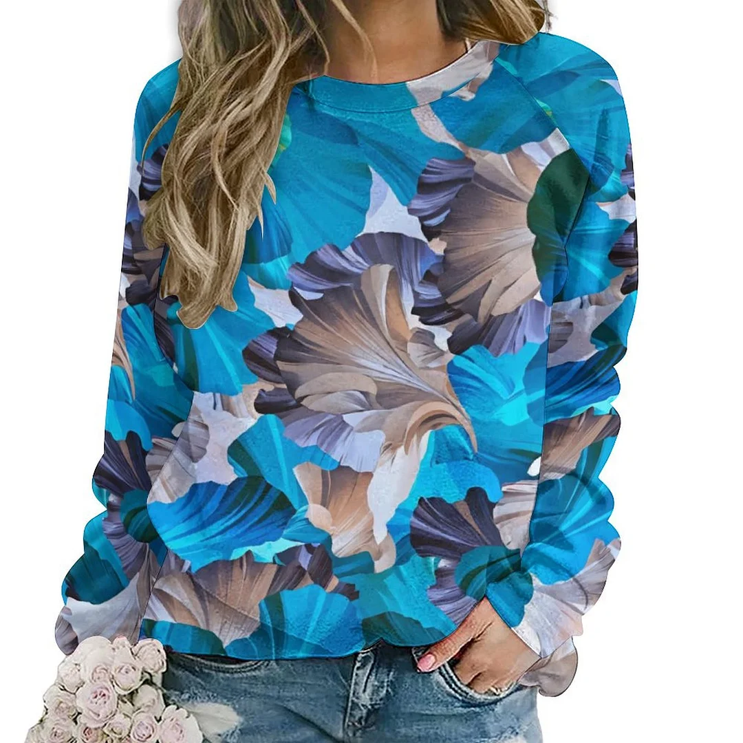 Printed Long Sleeve Casual Sweatshirt for  Women and Men Unisex Pattern Petals, Green, Gray