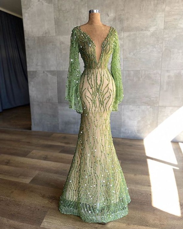 Green Mermaid Beaded Beautiful Prom Dress Long Sleeves With Sequins | Ballbellas