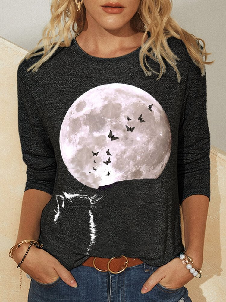 Cat Moon Printed Long Sleeve O neckl Casual T shirt For Women P1787090