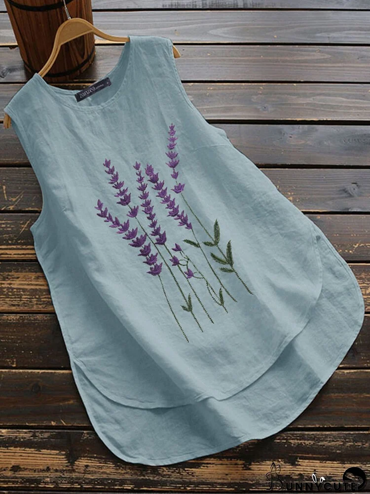 Embroidery Lavenders O-neck Asymmetrical Plus Size Tank Top