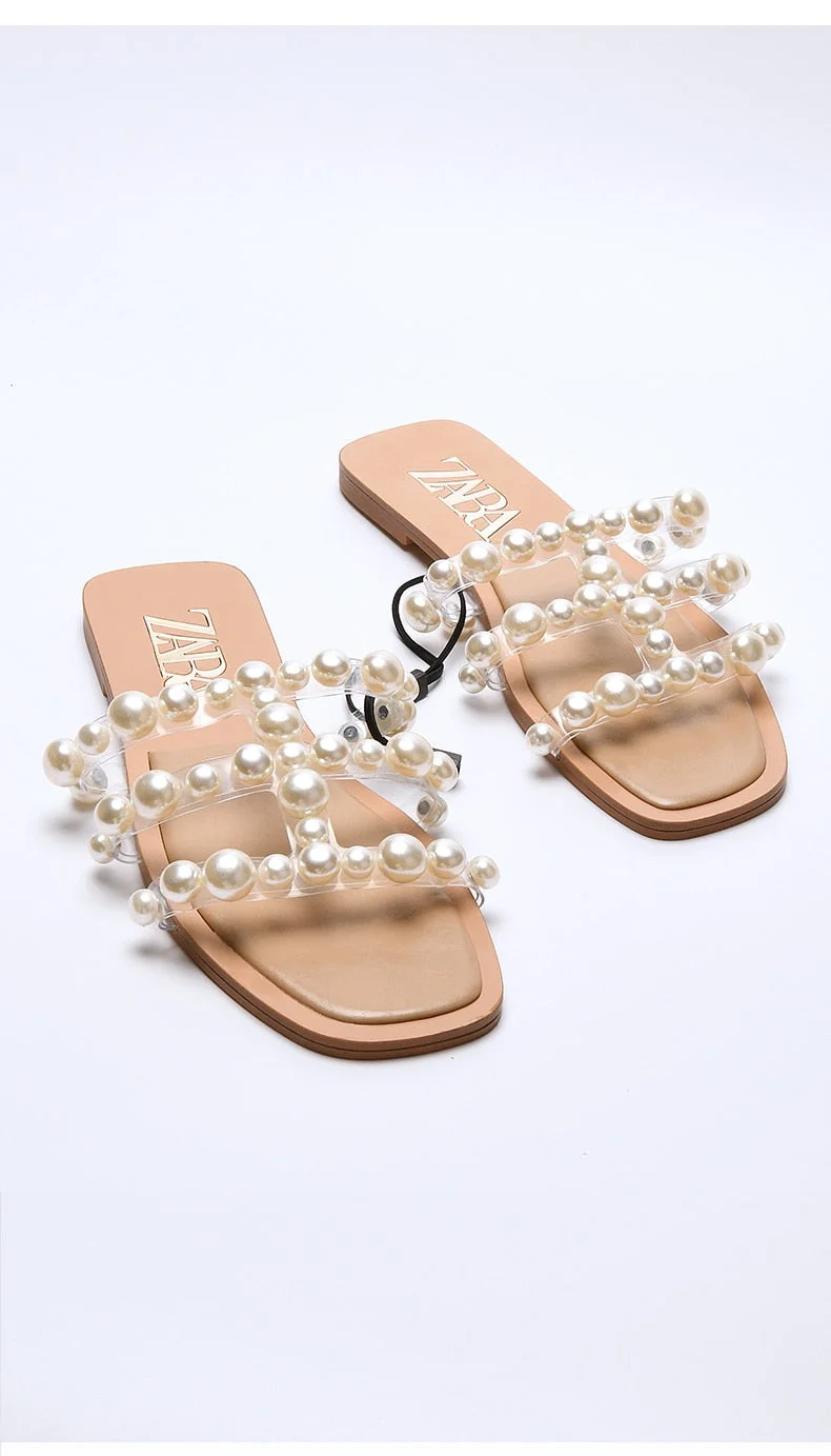 Vstacam 2022 European and American Summer New Women's Shoes White Beaded Inlaid and Square Head With Flat Bottom Large Size Slippers