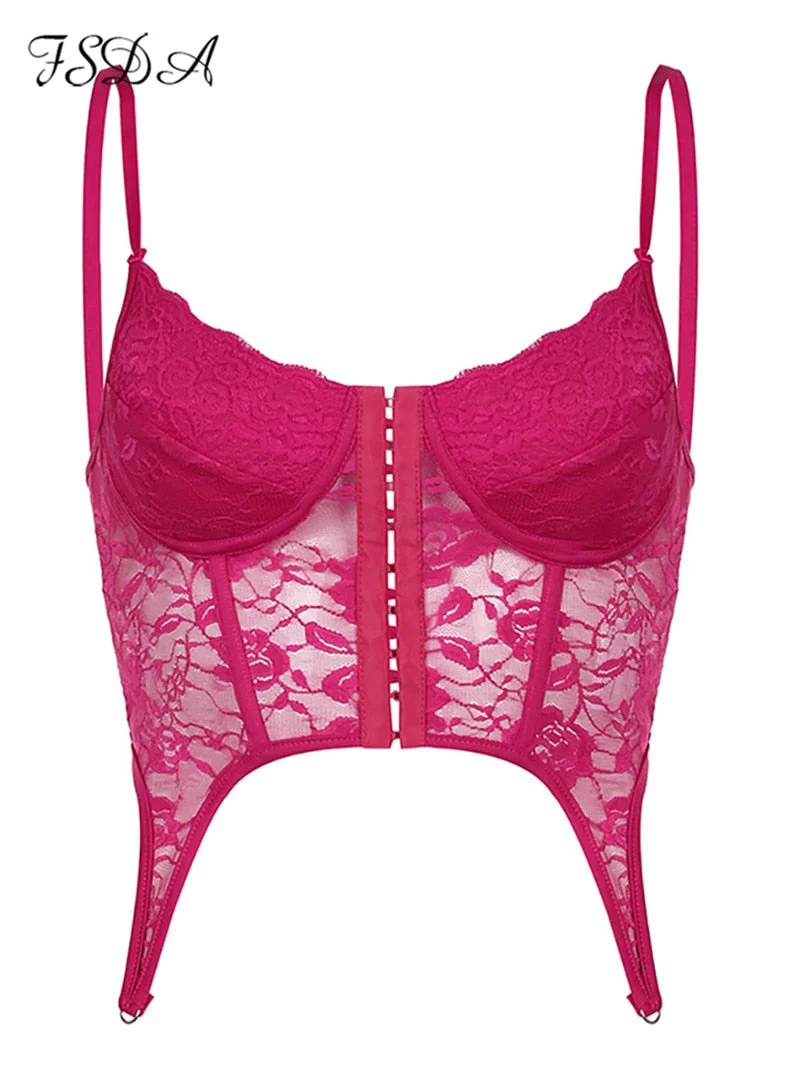 FSDA 2021 Spaghetti Strap Lace Corset Crop Top Women Blue Y2K Summer Backless Sleeveless Tube Tank Tops Sexy Off Shoulder