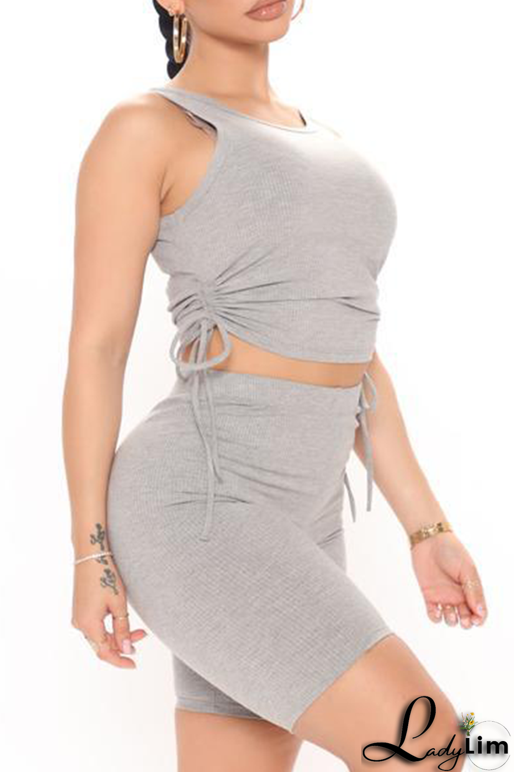 Grey Sportswear Solid Draw String O Neck Sleeveless Two Pieces
