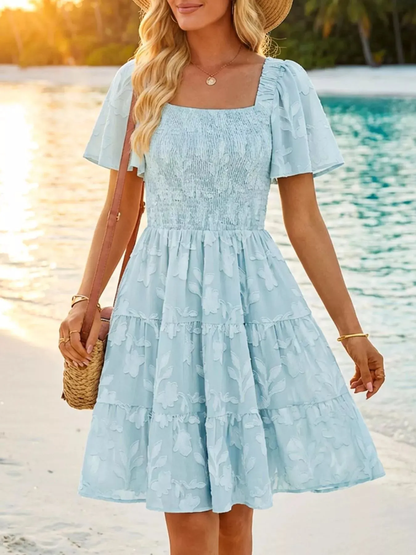 Smocked Square Neck Tiered Mini Dress mysite idetrend