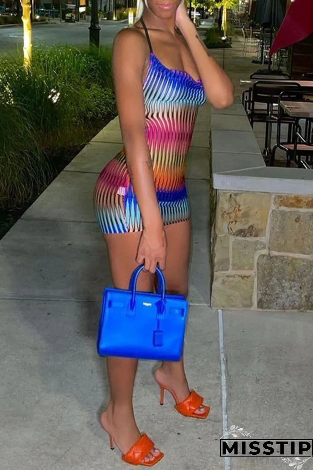 Multicolored Sexy Street Party Gradual Change Geometric Frenulum Halter One Step Skirt