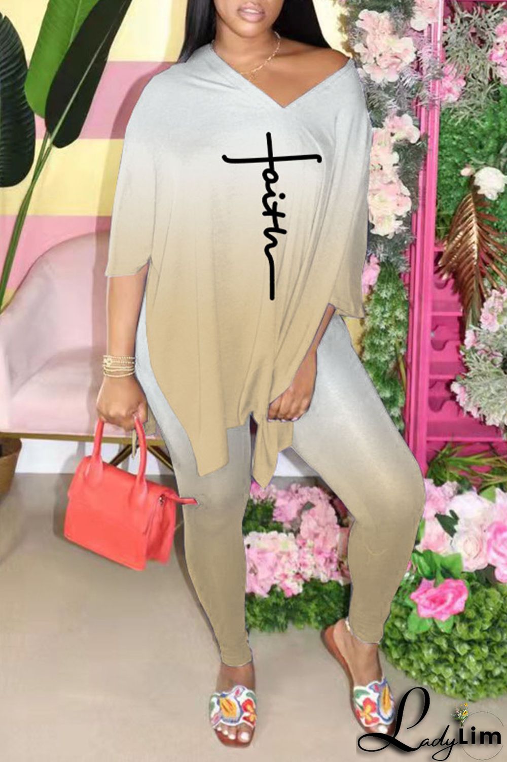 Black Casual Gradual Change Print Patchwork Slit V Neck Half Sleeve Two Pieces