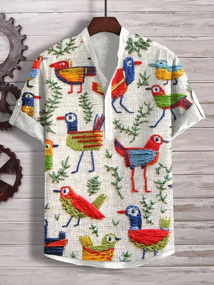 Men's Spring Bird Plant Embroidery Art Print Half Button Shirt